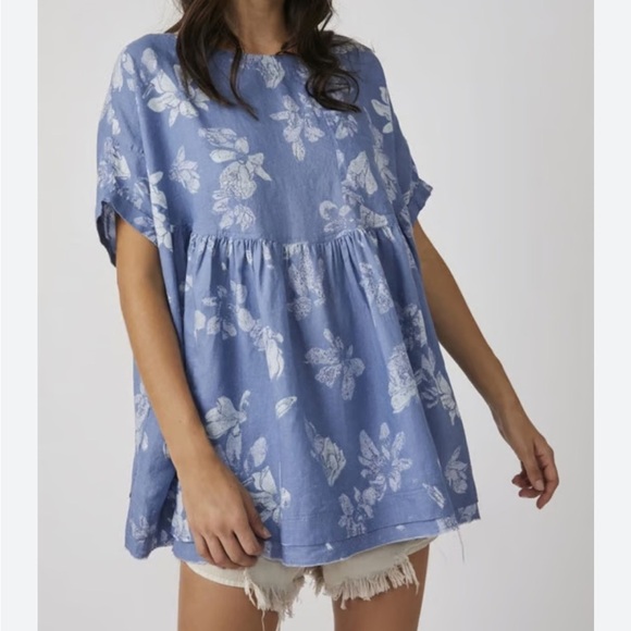 Free People Moon City Blue/White Floral Print Linen Blend Oversize Babydoll Top - Picture 1 of 12